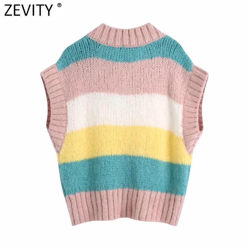 ZEVITY 봄 여성 패션 V 목 컬러 일치 스트라이프 캐주얼 뜨개질 스웨터 세련된 레이디 레저 민소매 조끼 탑 S613 210419