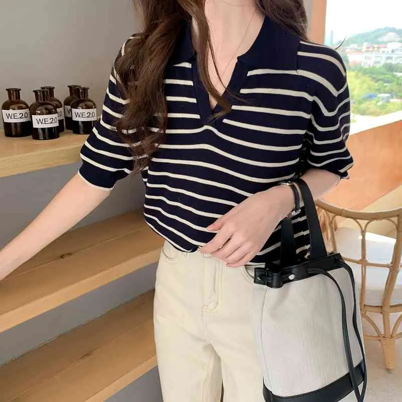 Sommar randig stickad pullover kvinnor kortärmad nedgång krage toppar koreanska vintage casual mode jumpers femme 210513