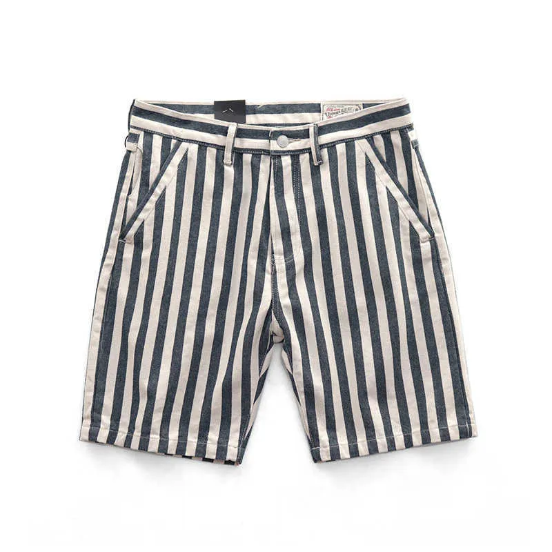 Heren zomer mode merk katoen slim fit rechte japan vintage stijl gestreepte blauwe marine casual shorts mannelijke china kleding 210716