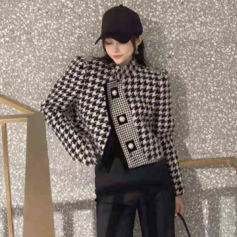 Luxury Brand Tweed Thousand Bird Lattice Coat Ladies Elegant Fall Winter Fashion Leisure Short Woolen Jacket Female 211112