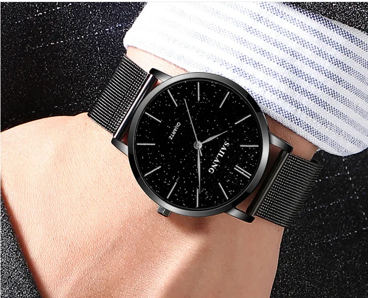 Business Casual CWP Quartz Mens Watch Trendy Star Starry Glossy Messy en acier inoxydable Bracelet Classic Dial Wrist Wrists Chrismas G244F