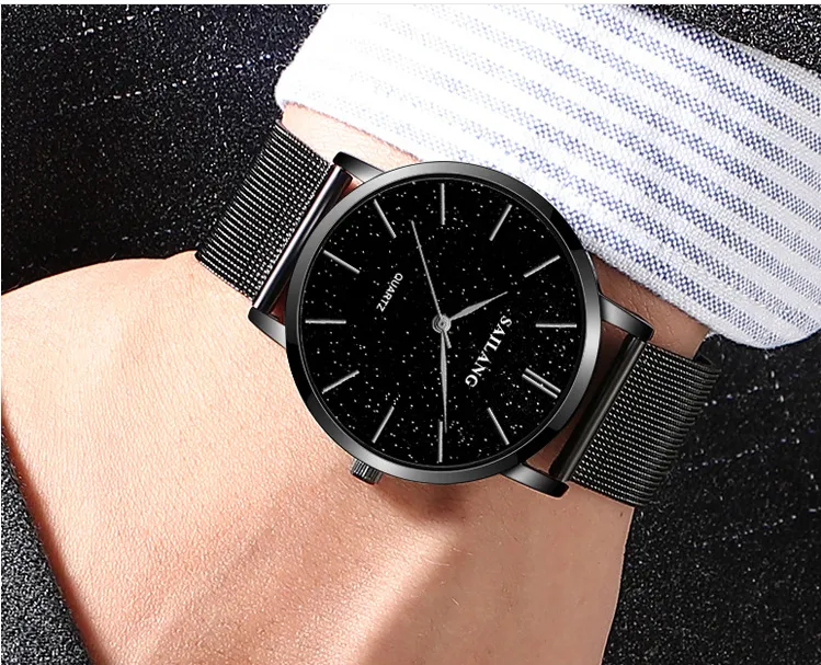 Negócios casual cwp quartzo relógio masculino na moda estrela estrelado malha brilhante pulseira de aço inoxidável clássico dial relógios de pulso chrismas g3460