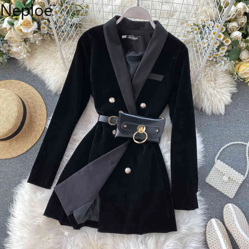 Neploe Velvet Eleganr Mujer Chaqueta Negro Doble Botonadura Elegante Negro Mujer Chaqueta Primavera Ropa con cinturón Femme Coat 210422