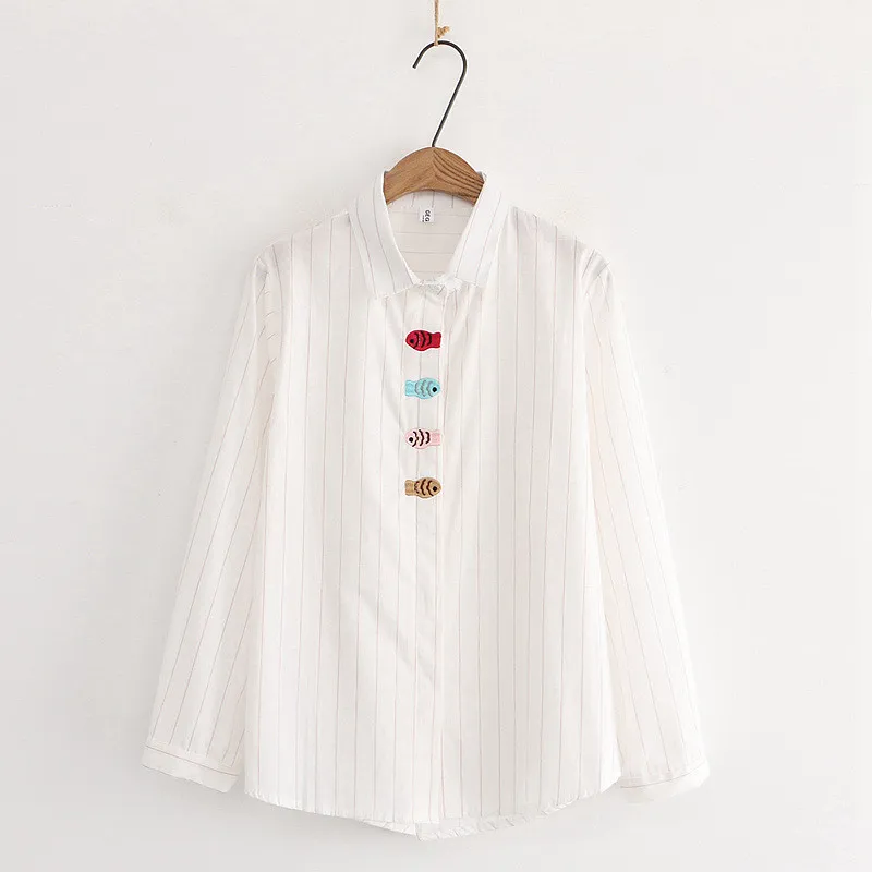 H.SA Women Blouse Colour Fish Embroidered Shirt Female Turn-Down Collar Tops Stripe Button Long Sleeve Loose Work Blous 210417