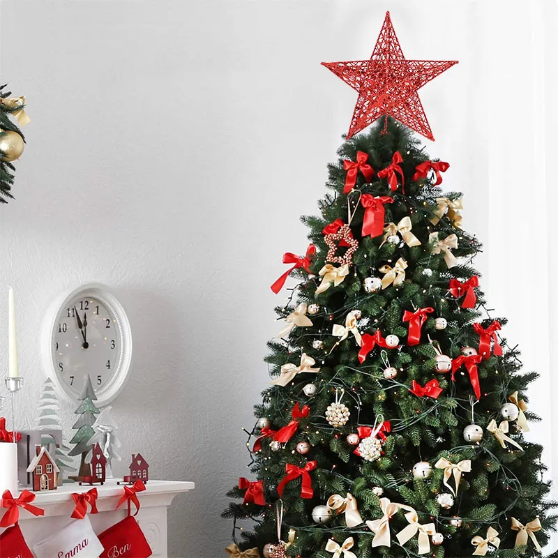 Guldglitter Julgran Toppjärnstjärna Juldekorationer för hem Xmas Tree Ornaments Navidad Nyår 2021 Natal Noel