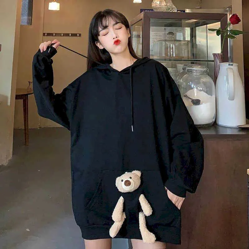 hoodies women Autumn college style design sense cute bear loose mid-length large size hooded long-sleeved sweater 210526