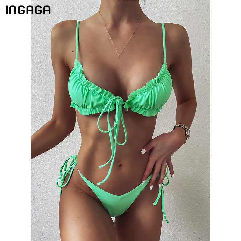 Ingaga Push Up Bikini Swimsers Swimwear Kobiety Wysokie cięcie Biquini String Bow Garnitury kąpielowe Thong Beachwear Ruched Bikini Set 210621