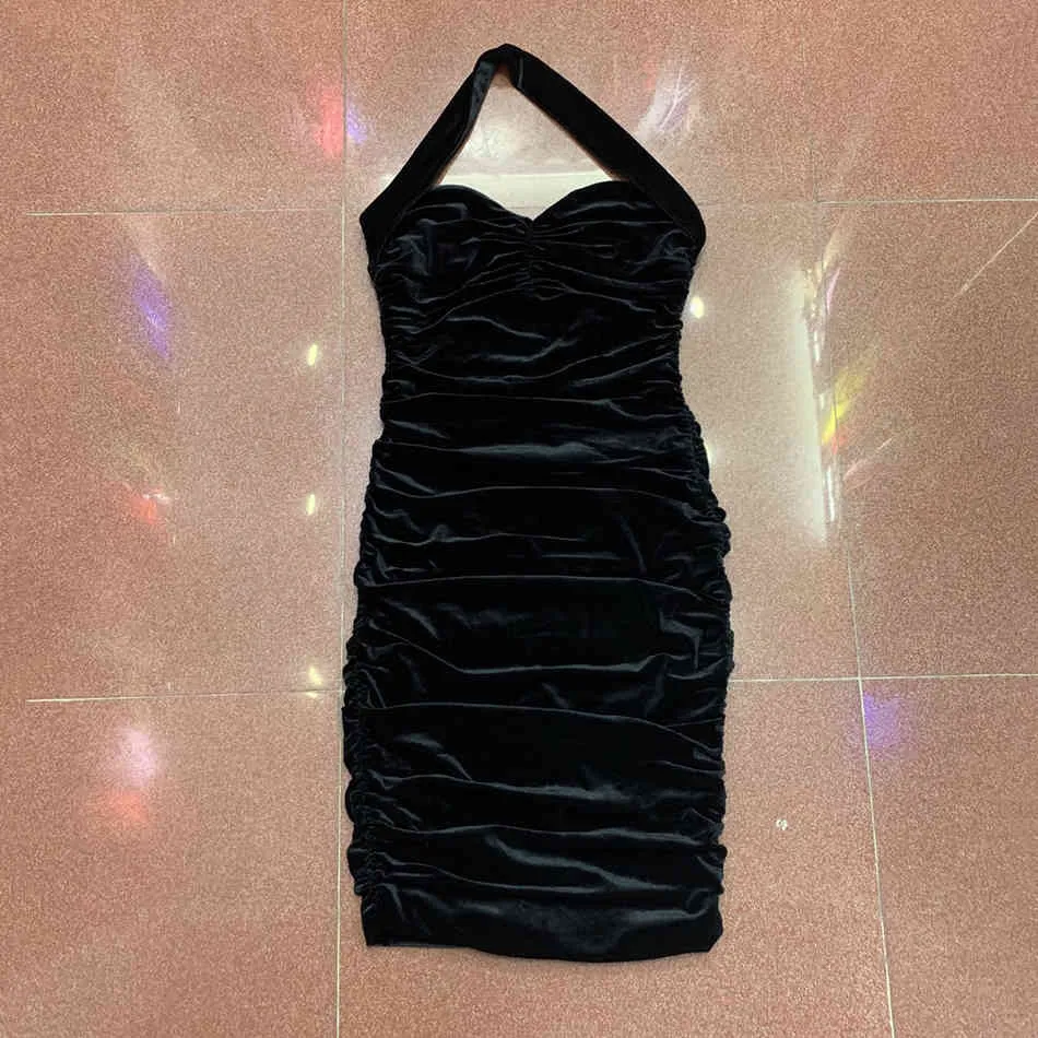 Free Summer Black Velvet Mini Dress Women's Sexy Halter Sleeveless Bodycon Draped Club Party Vestidos 210524