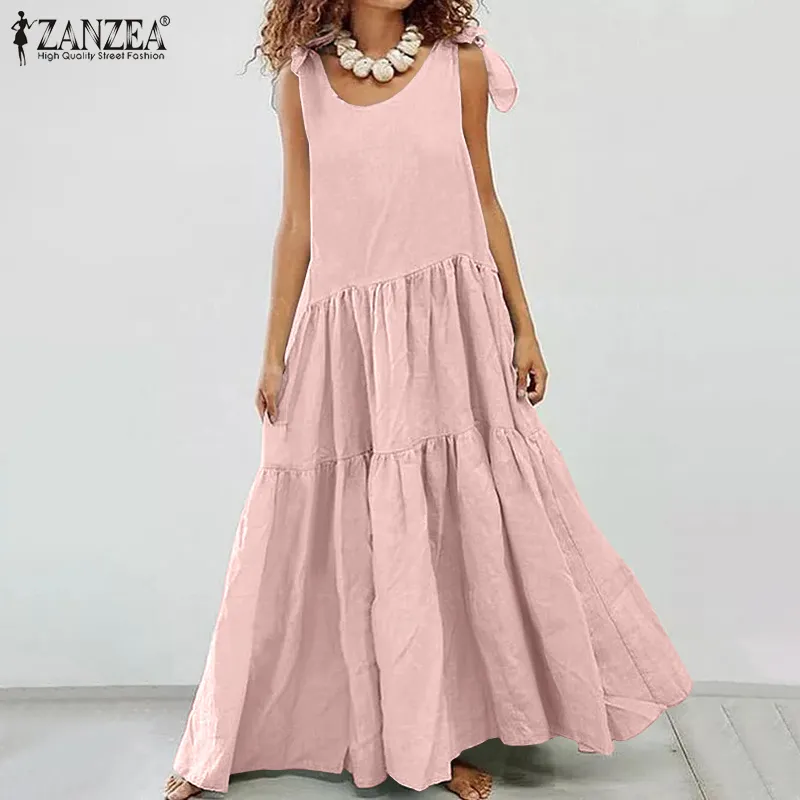 ZANZEA 2021 Elegant Sleeveless Summer Dress Women's Tank Sundress Casual O Neck Solid Maxi Vestidos Female Linen Robe Femme 5XL X0521