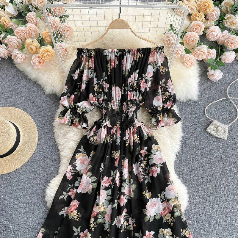 Bohemian Floral Print Frauen Chiffon Kleid Sexy Slash Neck Kurze Flare Hülse A-Line Off Schulter Schlank Vestidos Weibliche 2021 Neue y0603