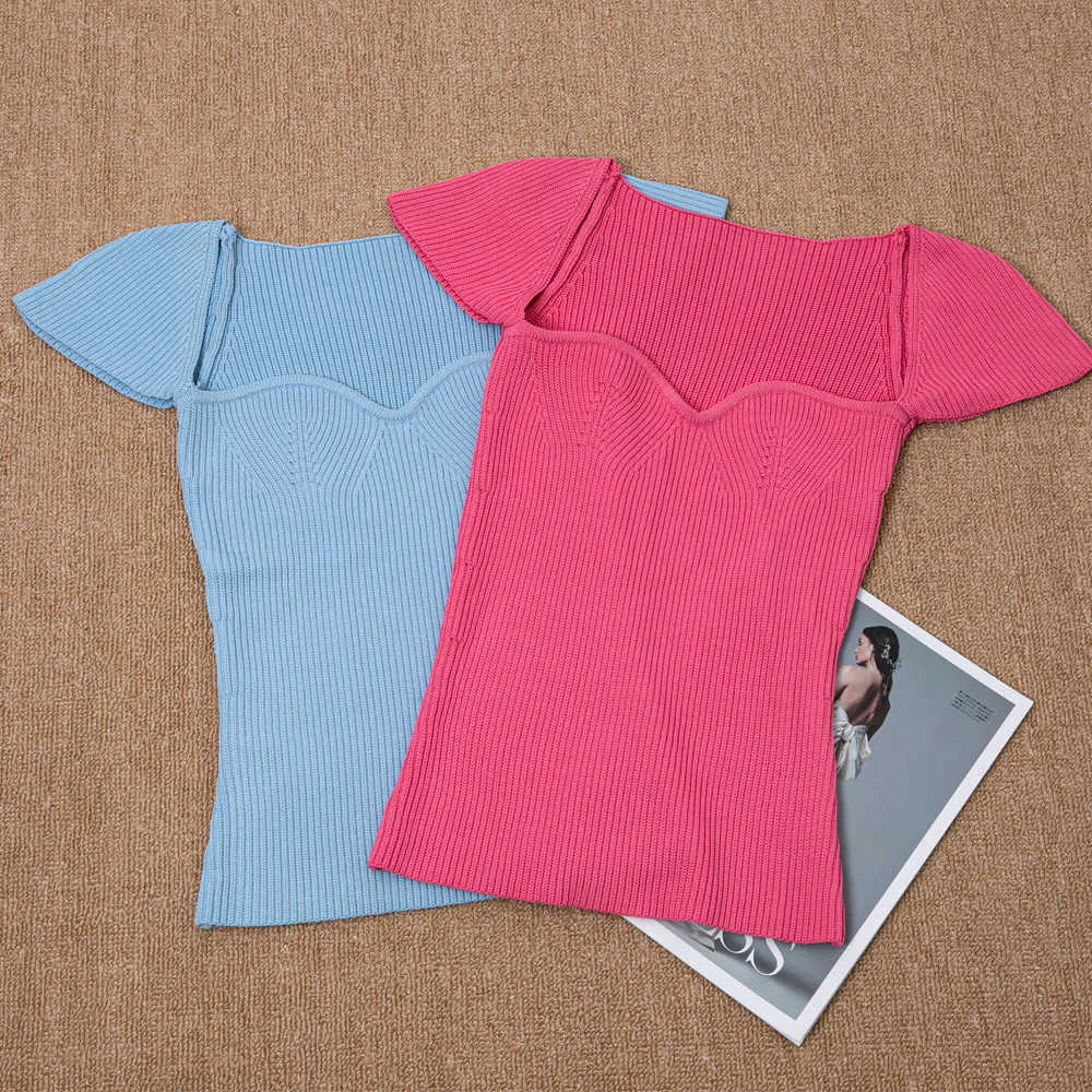 Femmes Summer Sexy Col Carré Tricoté T-shirts Couleur Pure Manches Courtes Slim Chemise Ops Pour Blanc Ees 210720