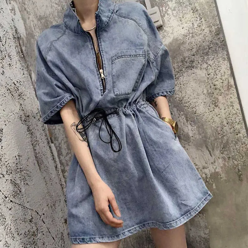 Ly Varey Lin Spring Summer Women Casual Denim Dress Fashion Zipper Stand Collar Drawstring Justerbar midja 210526