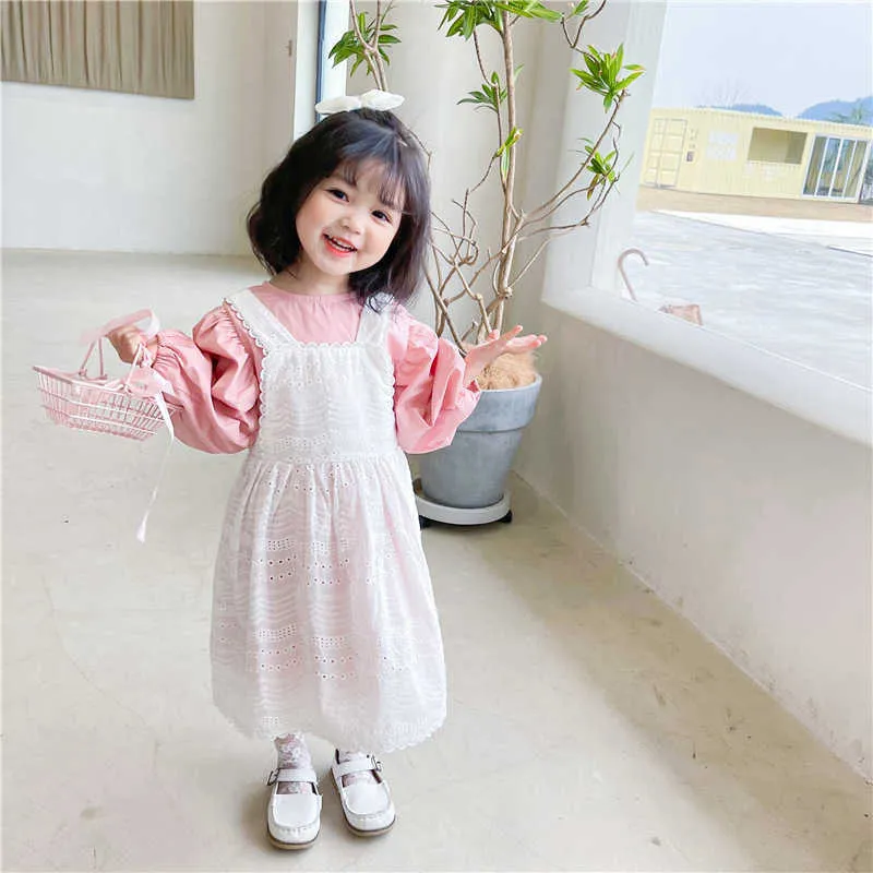 Wholesale Spring Baby Girl 2-pcs Sets Long Puff Sleeves Dress + White Lace Sling Kids Clothes E1042 210610
