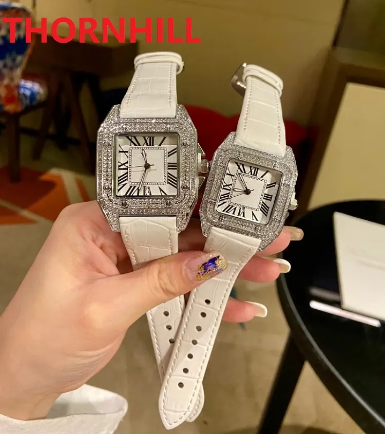 Uomo Donna anello di diamanti orologi quadrante romano quadrato Orologi da polso cinturino in pelle orologio super luminoso vetro zaffiro montre de luxe243f