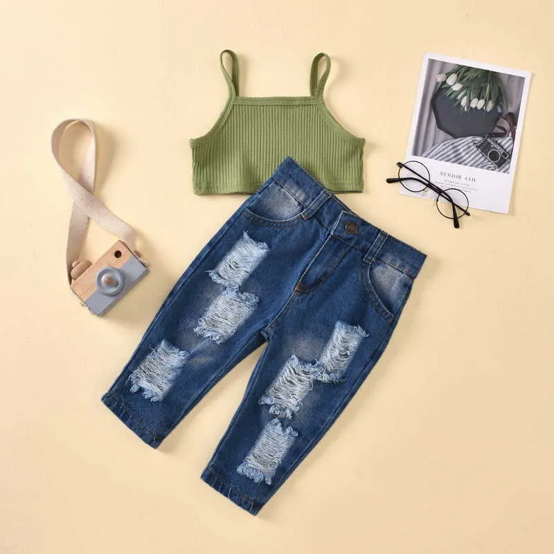 Wholesale Summer Children Girls 2-pcs Sets Solid Color Vest Top + Denim Hole Pants Kids Outfits E3018 210610