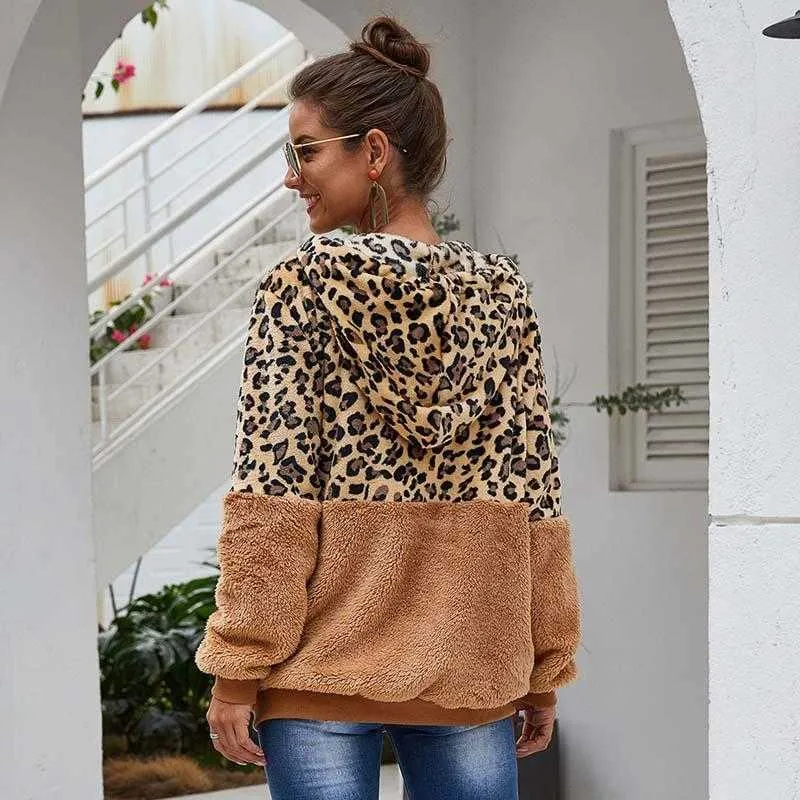 Herbst Faux Pelzmantel Frauen Leopard Teddy Mantel Damen Plüsch Mit Kapuze Winter Mantel Frauen Flauschigen Fell Teddy Jacke Weibliche 211019