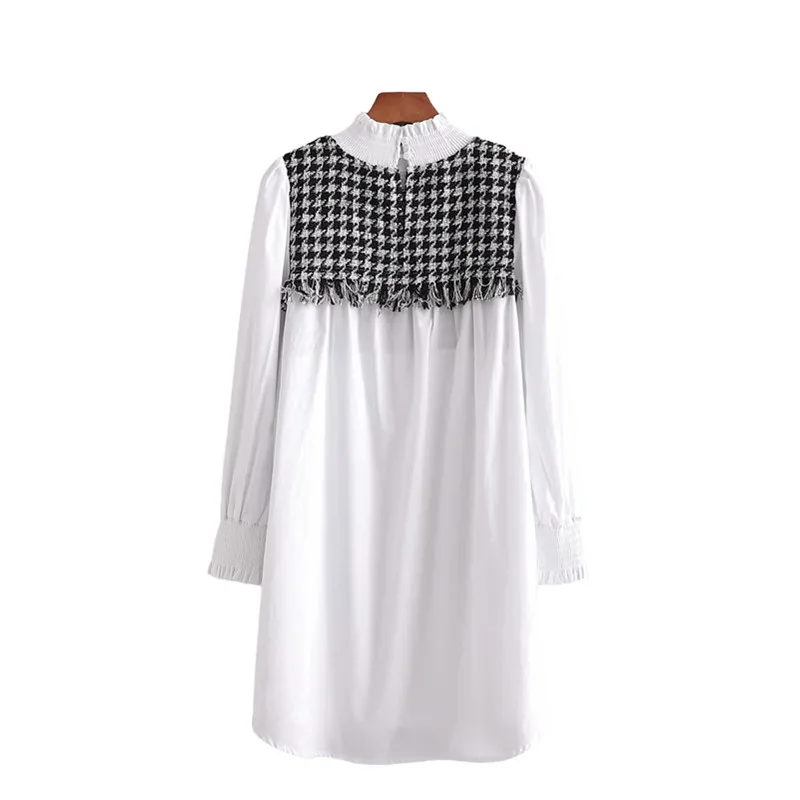 vinatge woman Plaid Tweed Pactchworkシャツのドレス春のファッションレディースソフトタッセルES女性のシックなストレート210515