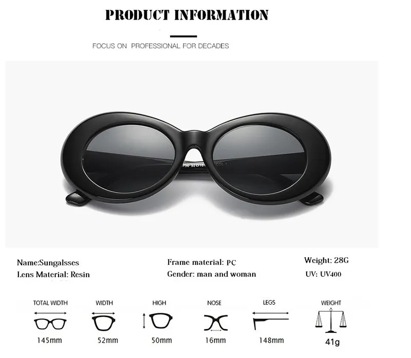 Винтажные овальные круглые солнцезащитные очки женщин дизайнер -дизайнерские очки самка мужское черное белое зеркало Kurt Cobain Glasses322L