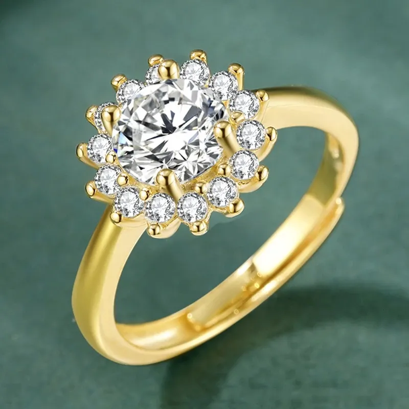 2021 novo s925 prata banhado a ouro platina moissanita booming girassol anel de diamante feminino casamento casamento jóias