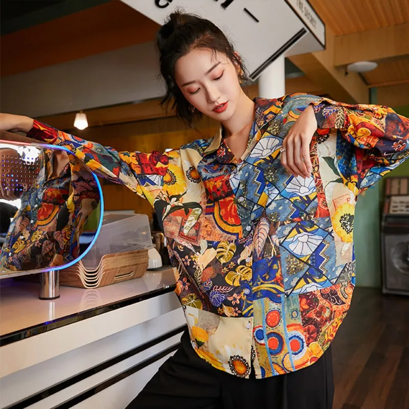 Chemise rétro imprimée tournesol pour femmes, chemisier Design imprimé peinture à l'huile, hauts et chemisiers amples à revers pour filles