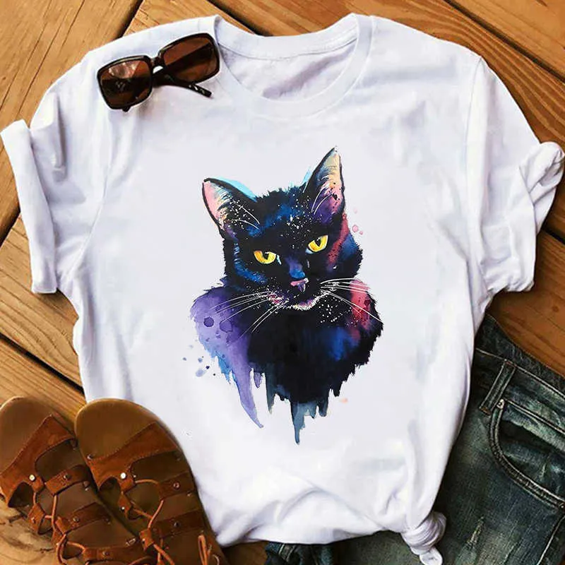 Gato colorido camiseta mulheres camiseta camisa ocasional tee verão manga curta em torno do pescoço barato roupa china top mode femme x0527