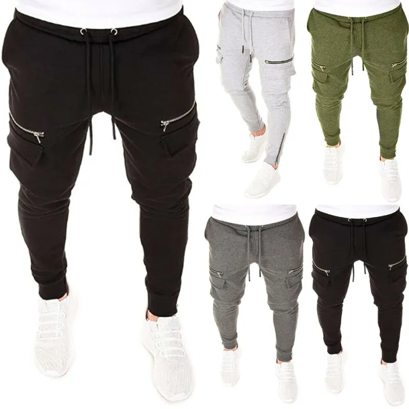 Joggar för män jogga byxor svettbyxor fashionabla zip up fickor casual smal passar långa byxor sportstorlek 38 42