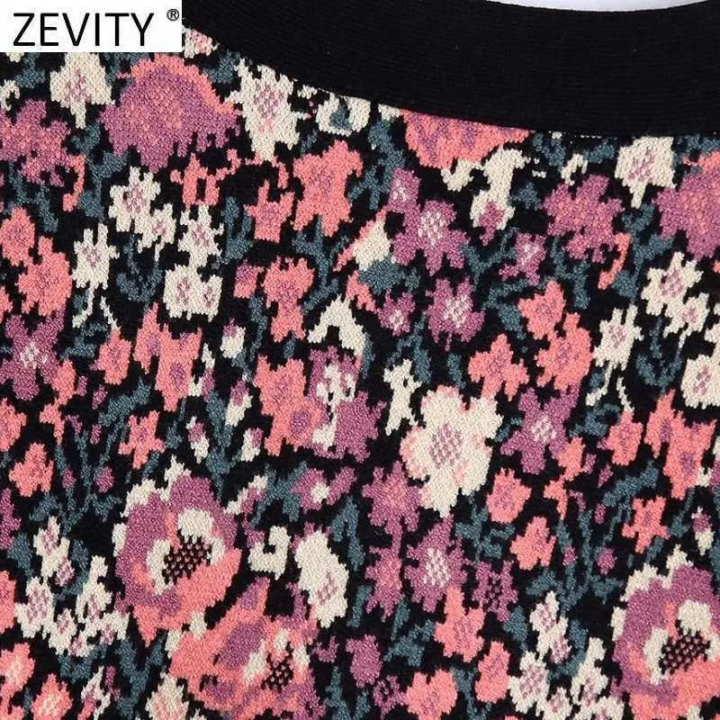 Zevity Frauen Vintage V-Ausschnitt Blumendruck Jacquard Strick Cardigans Pullover Weibliche Chic Single Breasted Casual Coating Tops SW899 210914