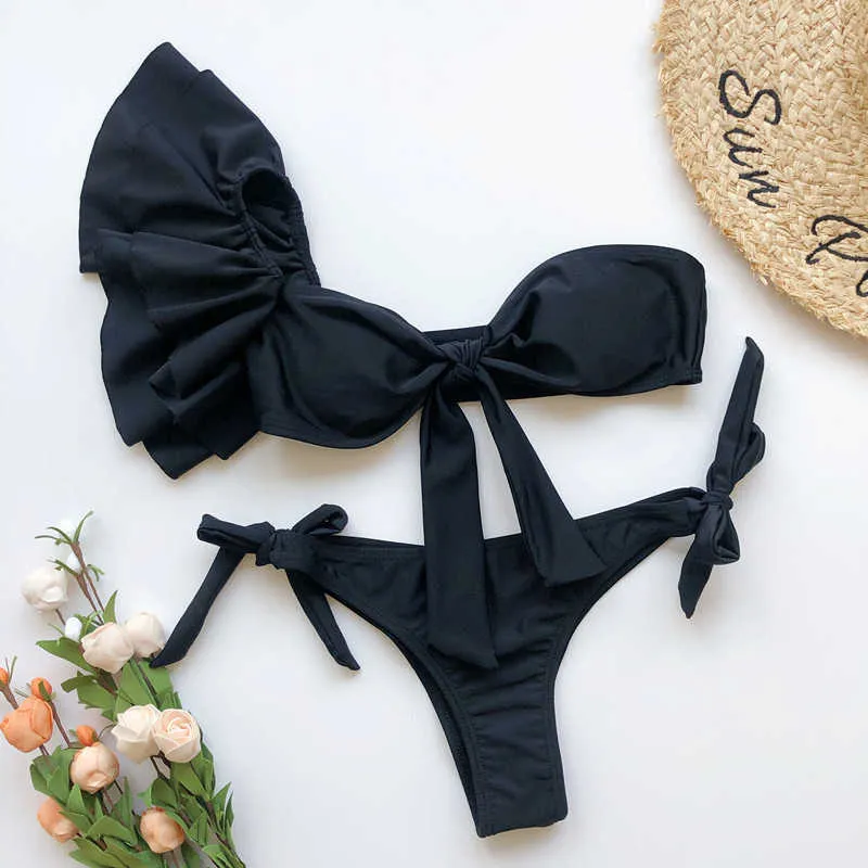 Sexy One Shoulder Bikinis Set Ruffle Swimwear Women Swimsuit Thong Brazilian Biquini Female Bathing Suit Beach Wear 210722