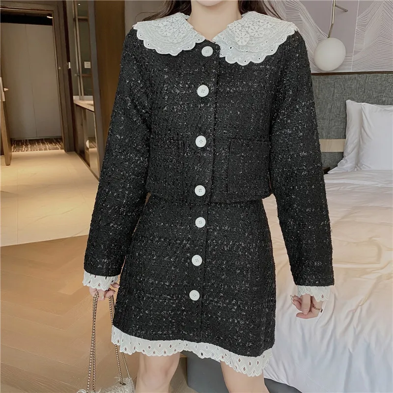 Automne hiver coréen dames Vintage jupe 2 pièces ensemble Tweed veste manteau + moulante Mini costumes élégant deux femmes 210514
