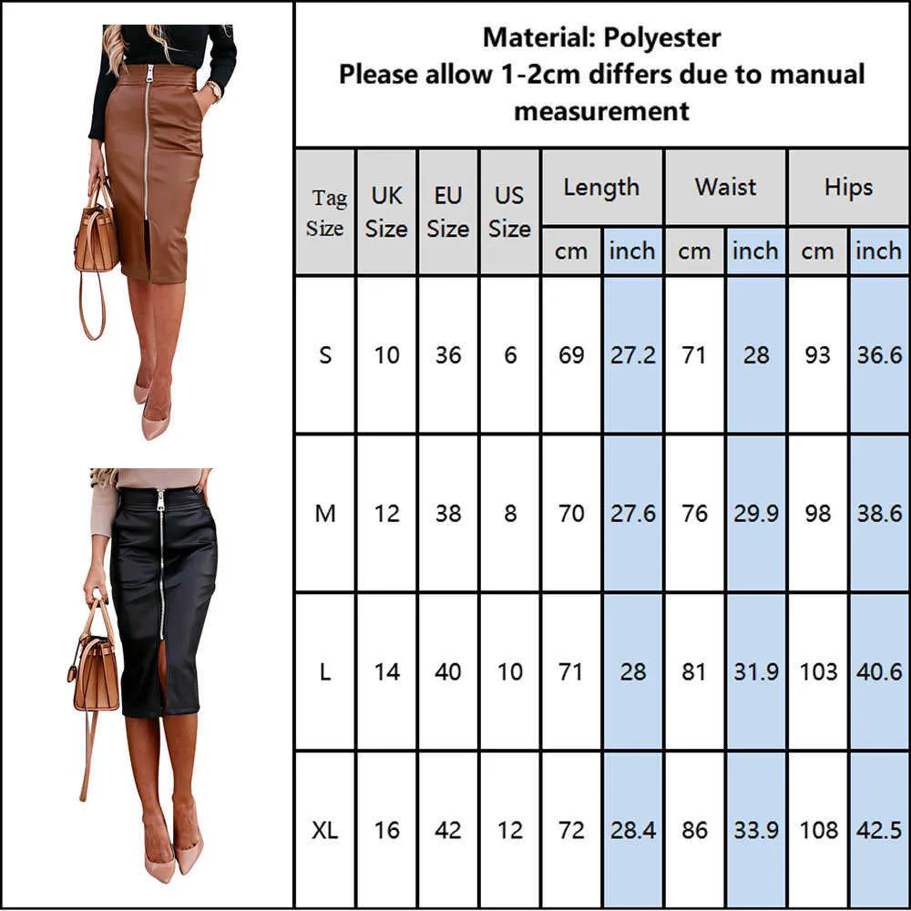 Brown Black PU Leather Skirt Women Midi High Waist Bodycon Split Office Pencil Front Zipper Faux 210629