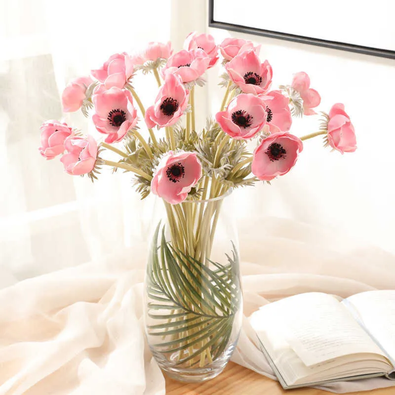 Künstliche Anemonen Blumen Real Touch Mohn Zweige für Hochzeit Home Dekoration Gefälschte Blume Herbst Dekorationen 210624