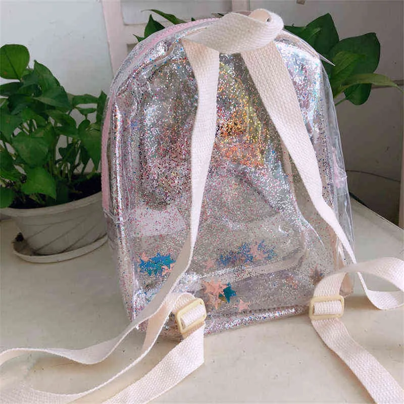 Multifunctional Bag Cute Glitter Stars Heart-shaped Shoulder School Bags Kids Transparent PVC Children Mini Backpack for Women Y1105