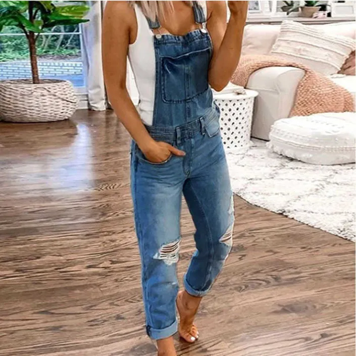 Women Denim Overalls Pants Ripped Washed Slim Jumpsuits Suspender Jeans With Holes Pocket On Chest Lady Long Trousers