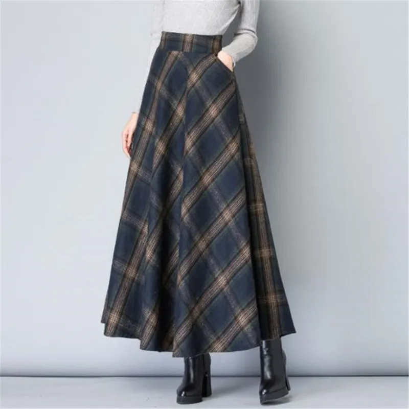 Plus Größe Hohe Taille Woolen Plaid Röcke Winter Warme Frauen Wolle Maxi Büro Damen Mode Lässig Lange Streetwear 210421