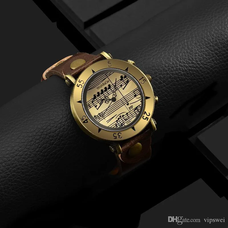 12-hour Display Quartz Watch Retro PU Strap Metal Bronze Case Music Note Markers Unisex watches Ancient Roman style262I