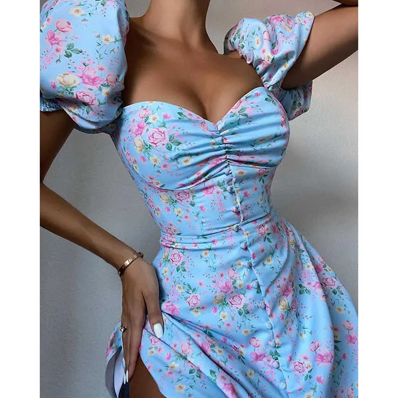 Mode élégante femmes Slim Fit Floral moulante Mini robe femme hors épaule ruché manches bouffantes robe de soirée 210716