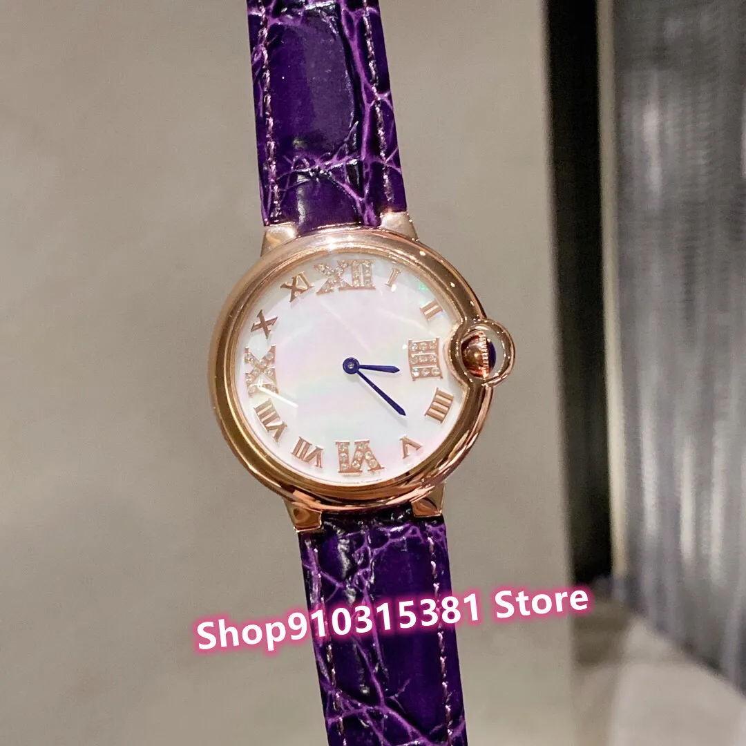 Célèbre marque or Rose numéro romain montre femmes en acier inoxydable montre à Quartz violet cuir nacre coquille horloge AAA + 36mm