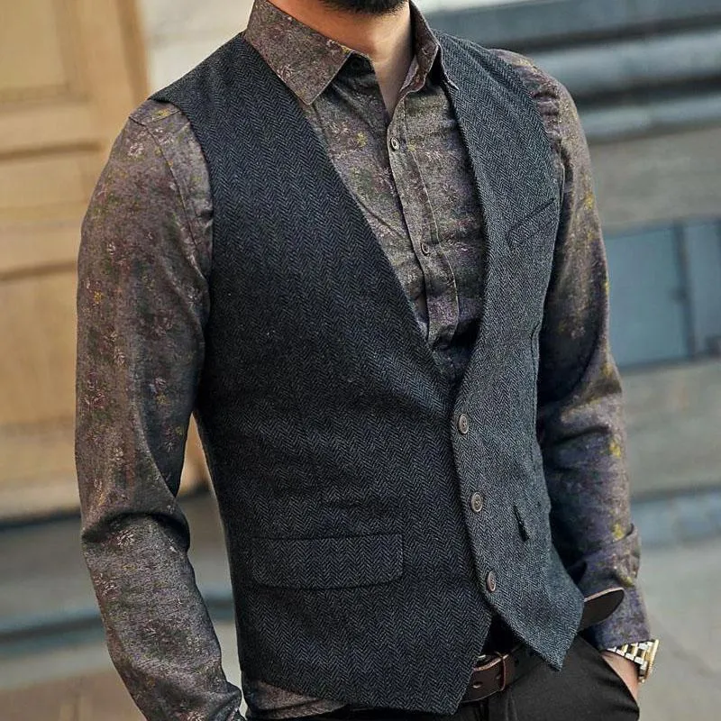 Solid Tweed Mens Kamizelka Kamizelka Szczupła Herringbone Casual Kamizelka Mężczyźni Formalne Kamizelki Biznesowe Groommana Dla Weddżetu Dżentelmenu Męski Płaszcz 210524