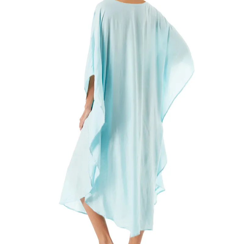 Broderi Bomullstrand Kaftan Cover Up Saida de Praia Baddräkt Bikini Cover Tunics för Pareo Sarong Wear # Q576 210420