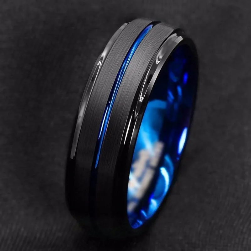 Pierścionki ślubne moda męska 8 mm czarna szczotkowana drabina krawędź Tungsten Pierścień Blue Groove Men Prezenty dla 315o