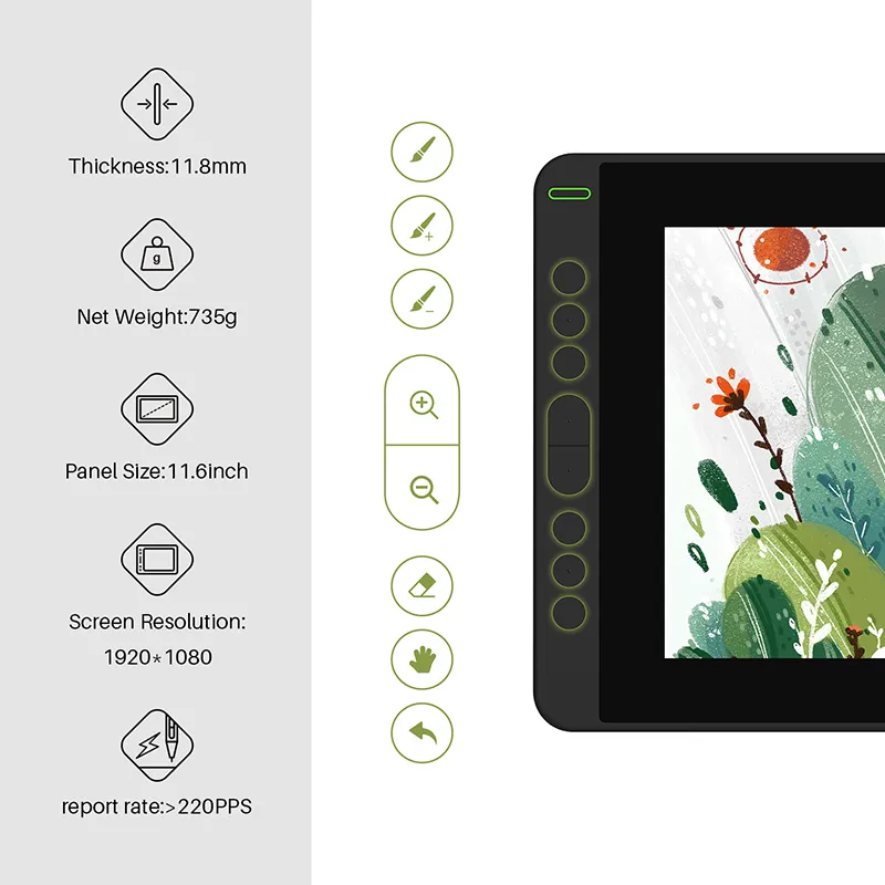 Huion New Arrival Kamvas 12 11.6 inches Teckningsmonitor Digital Grafik Tablet med ± 60 Tilt 120% SRGB Distansutbildning