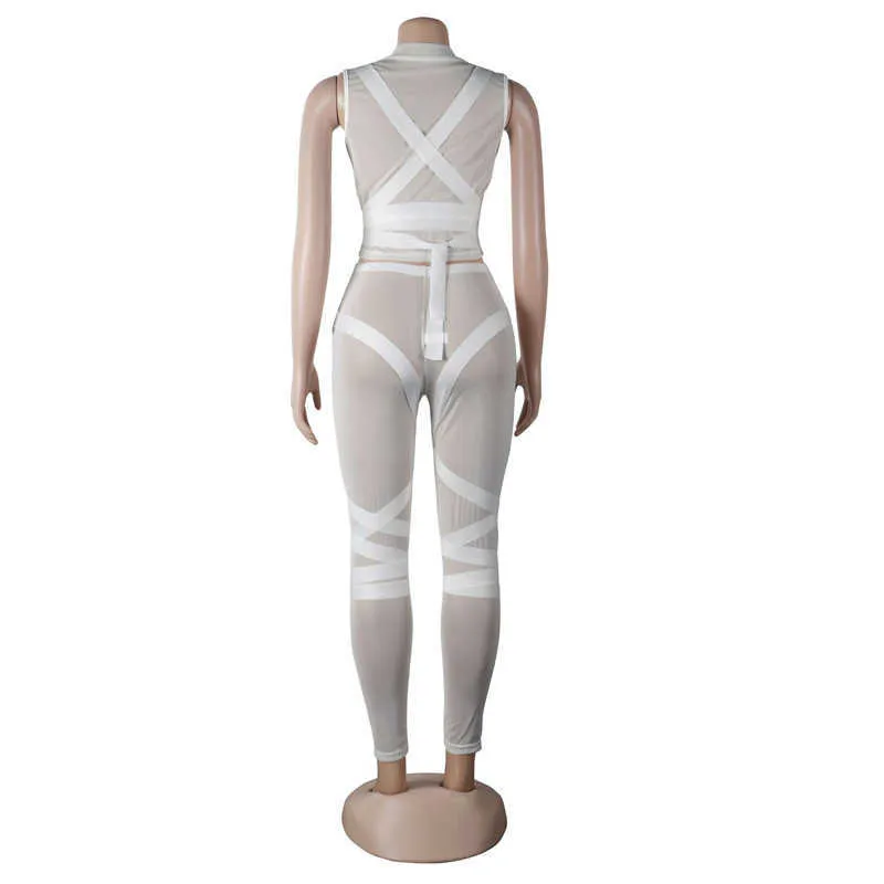 Beyprern New Chic Durchsichtiges Mesh-Hosen-Set mit Käfig, zweiteilige Outfits für Damen, durchsichtiges Mesh-Fransen-Crop-Top und Leggings-Set, Clubwear Y0625