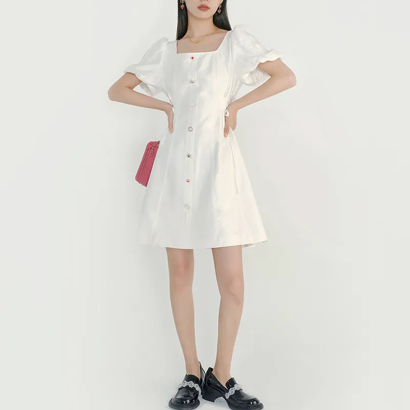 [EAM] Kadınlar Beyaz Fermuar Bandaj Dantel Elbise Kare Boyun Kısa Kollu Gevşek Fit Moda İlkbahar Yaz 1dD599800 210512