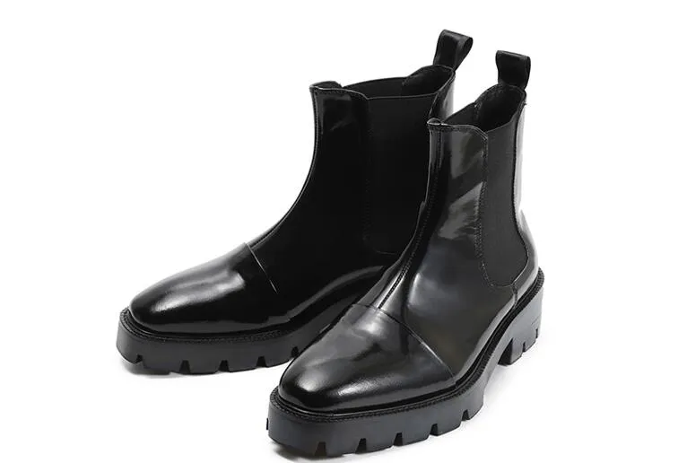 NOUVEAU hiver Hommes Hommes Bottes Bottes carrées Augmente Chelsea Bottes Hommes Véritable Cuir Noir Bande Bande Elastic Bottines Pour Hommes