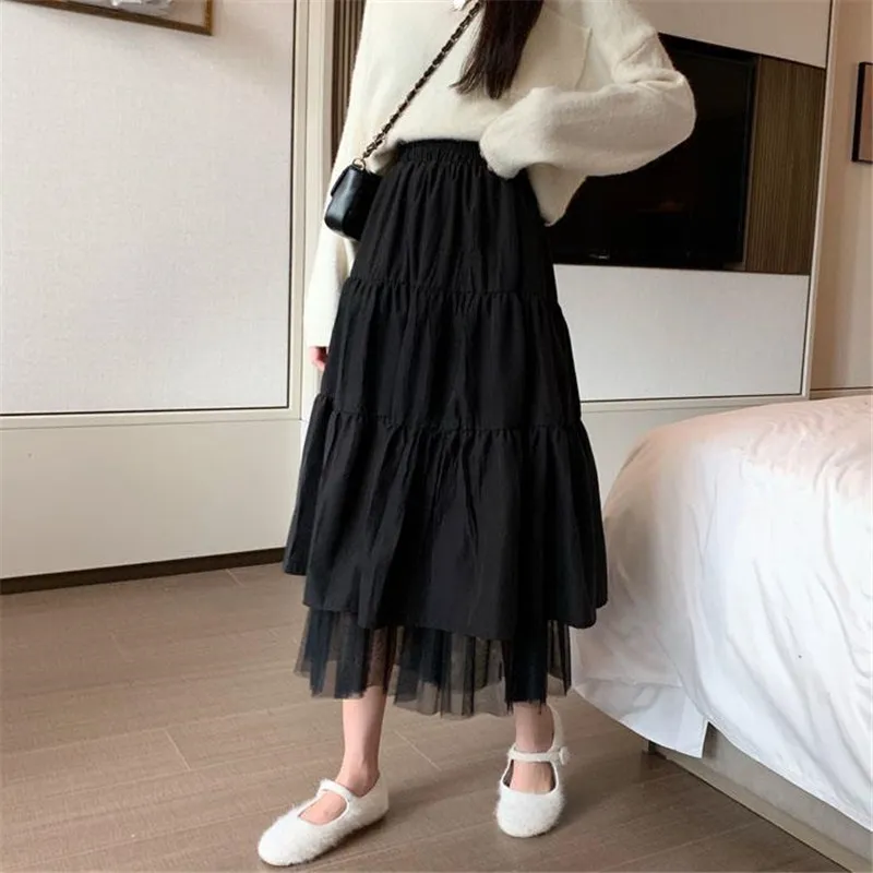 Gonne lunghe a vita alta le donne Midi a pieghe Moda Harajuku Stile coreano Bianco Nero School Girl Maxi 210421