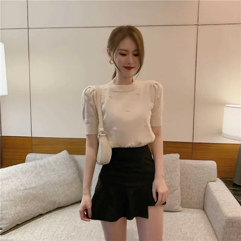 Koreanische Mode Frau T-shirts Kurze 2021 Sommer Perlen Slim-Fit Gestrickte Top Kurzarm T-shirt Crop Top frauen kleidung X0628
