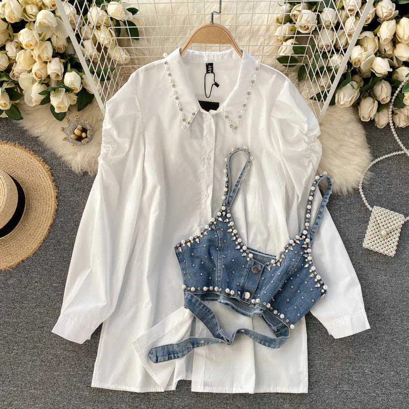Camisa blanca de manga larga con cuentas de solapa de moda para mujer + chaleco sin mangas elegante Conjuntos de dos piezas R525 210527