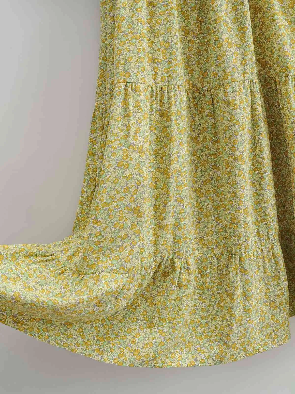 Mode Frauen V-ausschnitt Kurzarm Taille Kleid Vintage Blume Drucken Puff Hülse Lotus Blatt Trim Chic Weibliche Mini Kleider 210507