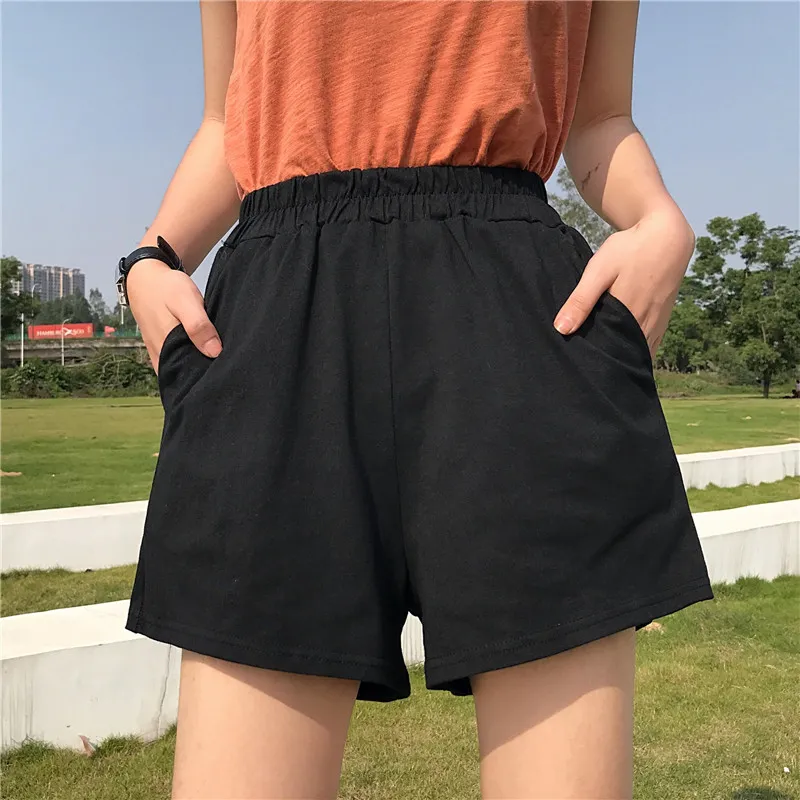 Summer Fashion Female Elastic Waist Shorts Women Vintage Wide Leg Solid Loose Plus Size S-4XL 210423