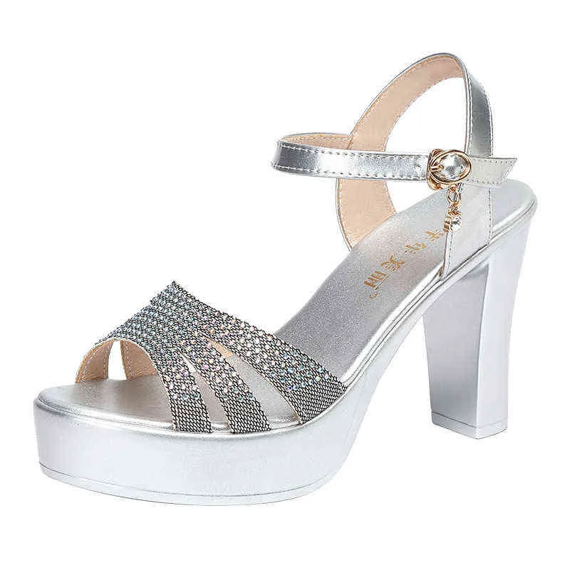 Sandalias talla grande 32-43 plataforma mujer zapatos de boda verano bloque de diamantes de imitación tacones altos señoras sandalia plata 220121
